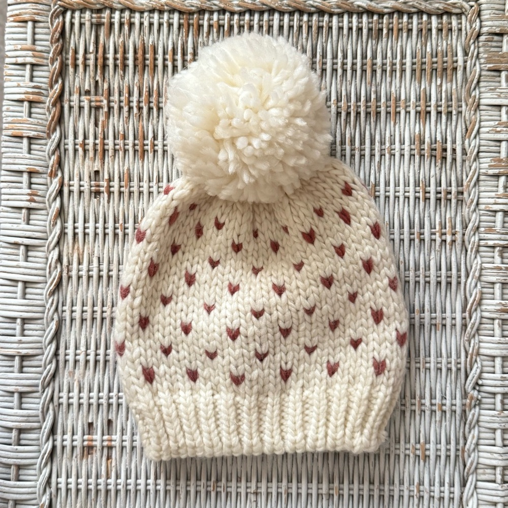 Cream and Mauve Heart Print Pom-Pom Knit Beanie